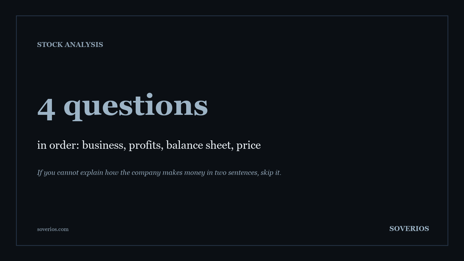 Number card: analyzing a stock means answering four questions in order, on the business, the profits, the balance sheet and the price